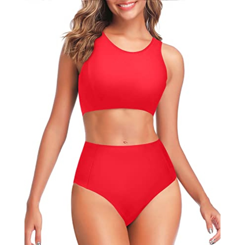 Two Piece High Waisted Bikini Set For Women-Neon Red