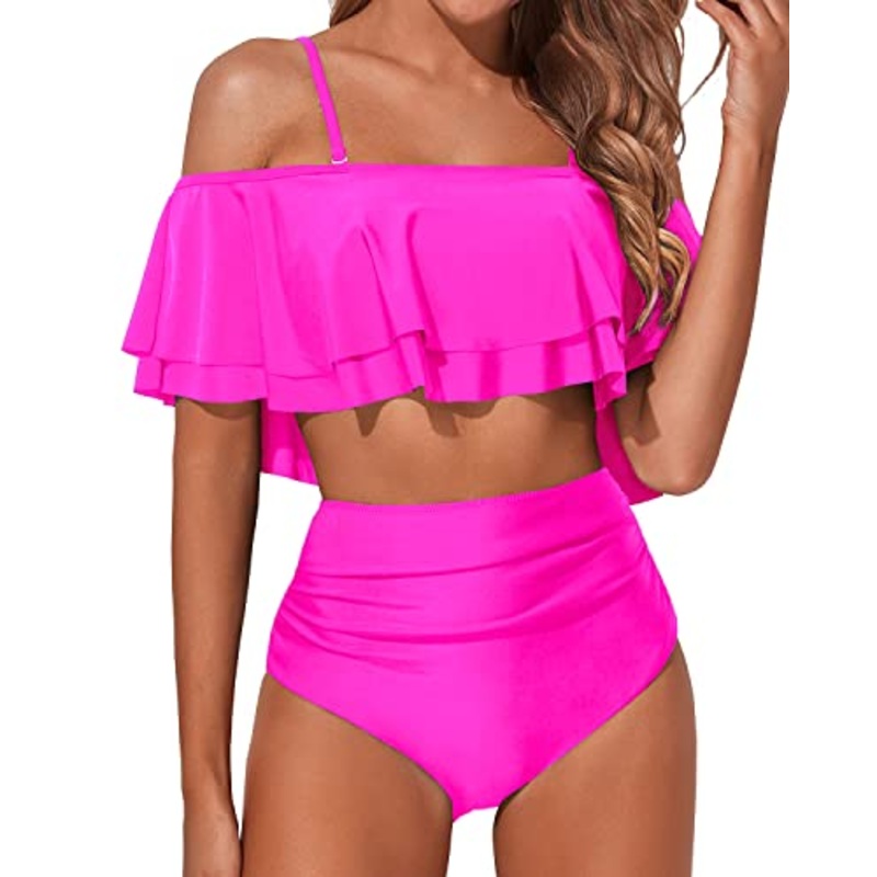 Two Piece Off Shoulder High Waisted Bikini Swimsuit-Neon Pink