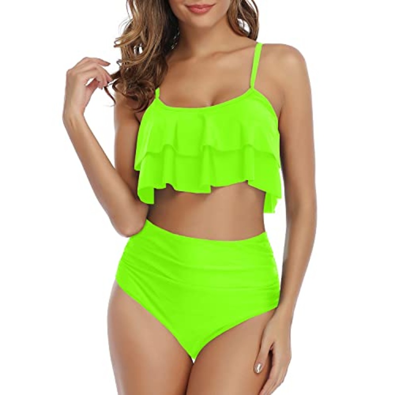 Two Piece Ruffle Bikini Removable Padded Cups-Neon Green