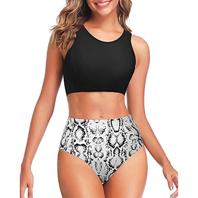 Two Piece Sporty High Waisted Bikini Swimsuits For Women-Black Snake