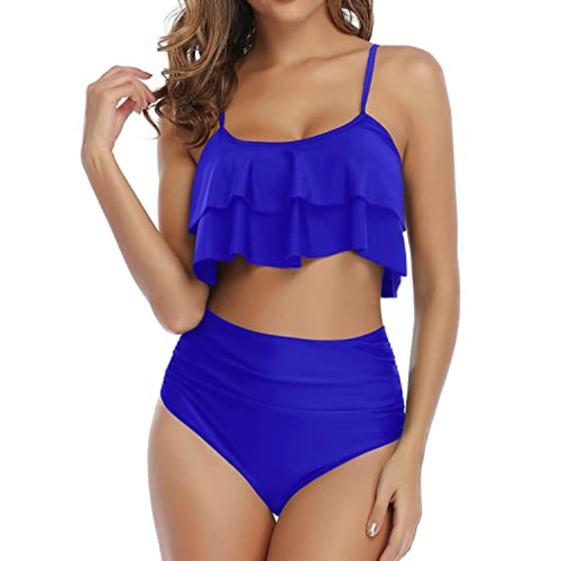 Two Piece Vintage-Inspired Ruffle Bikini High Waisted Bottom-Royal Blue
