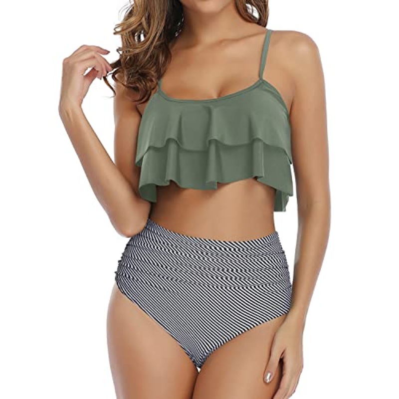 Two Piece Vintage-Inspired Ruffle Crop Top Bikini Set-Navy Blue