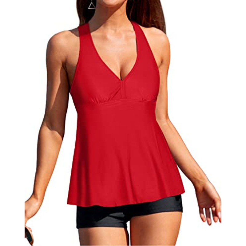 V Neck Tankini Swimwear Racerback And Boyshort-Neon Red