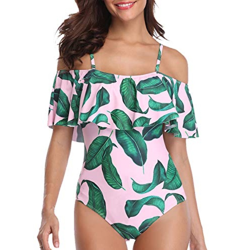 Vintage Off-Shoulder Ruffle One Piece Swimsuits-Pink Leaf