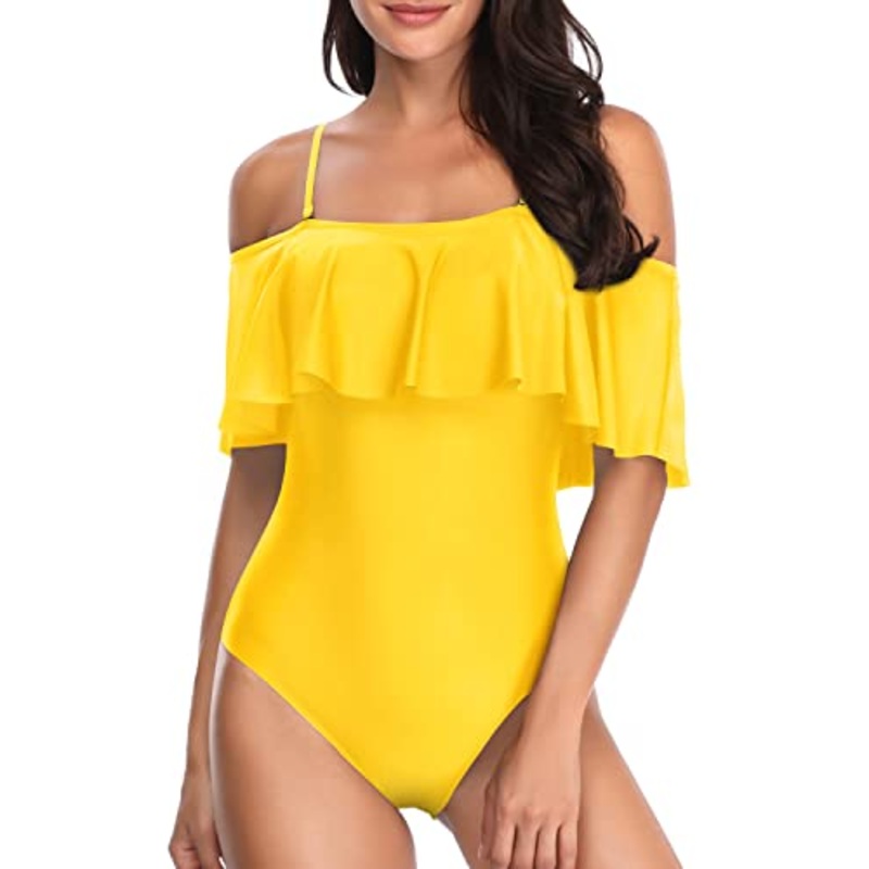 Vintage Off Shoulder Ruffled Bathing Suits Padded Bras-Neon Yellow