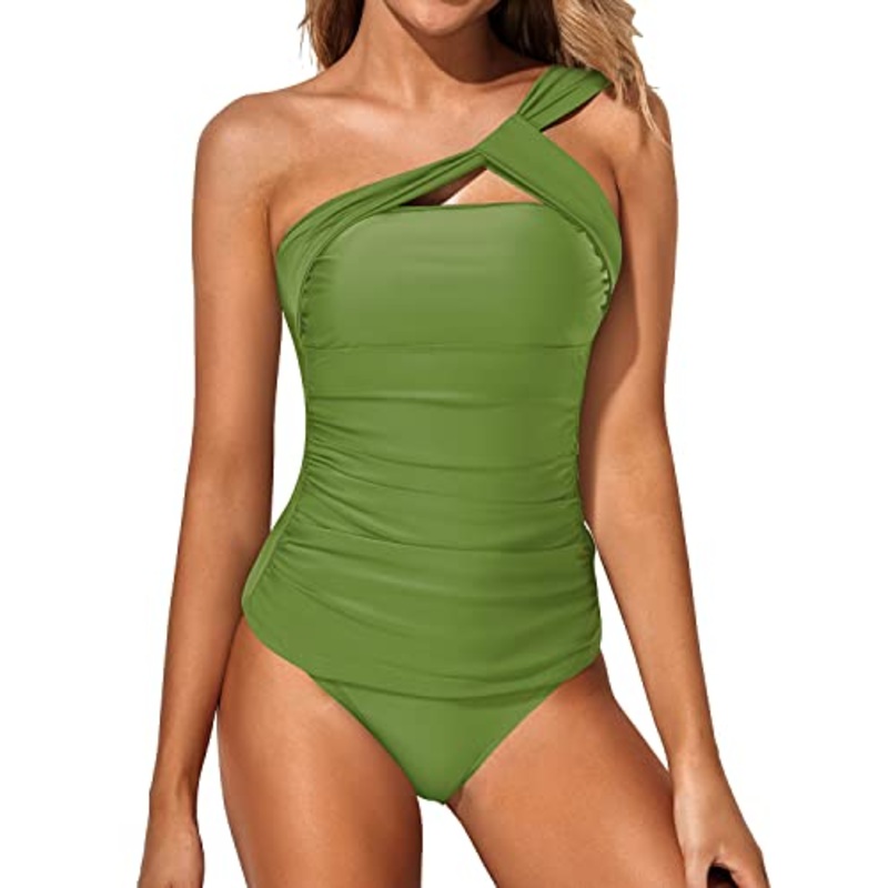 Women's 2 Piece Asymmetrical Tankini One Shoulder Top & Shorts-Light Yellow Green
