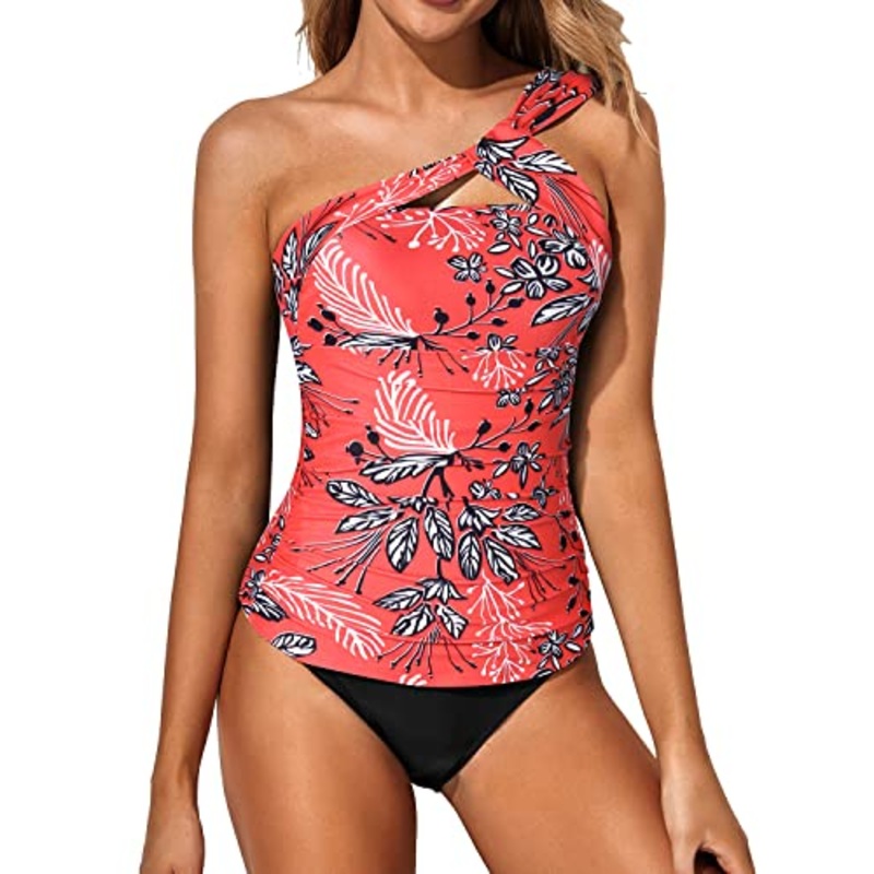 Women's 2 Piece Tankini One Shoulder Top & Flattering Shorts-Red Floral