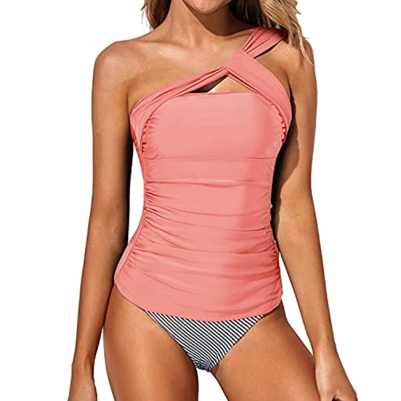 Women's Asymmetrical One Shoulder Tankini Shorts-Coral Pink Stripe