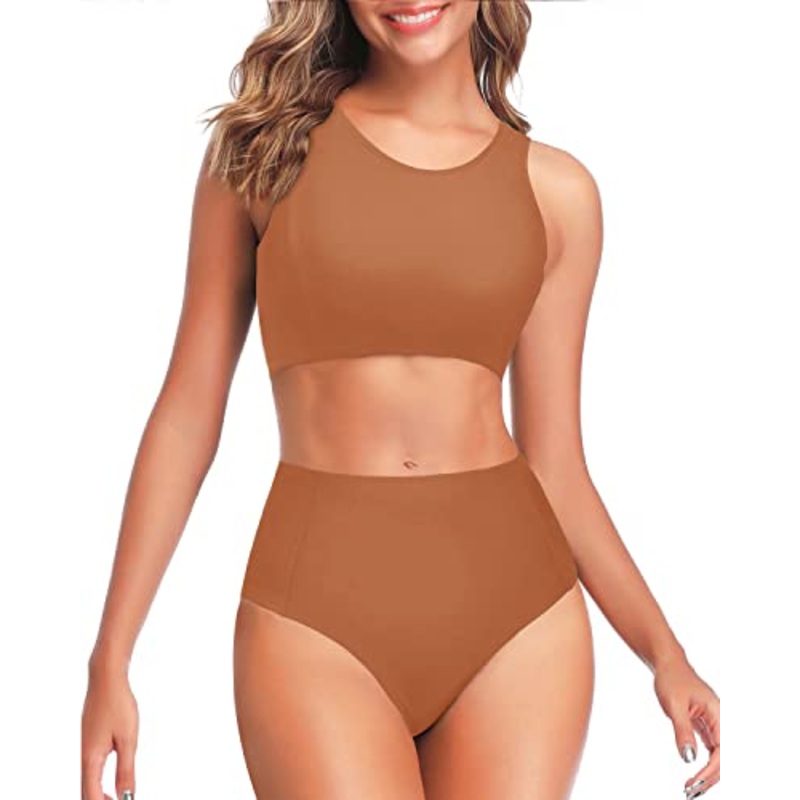 Women's Bathing Suit Scoop Neck Bikini Bottom-Brown
