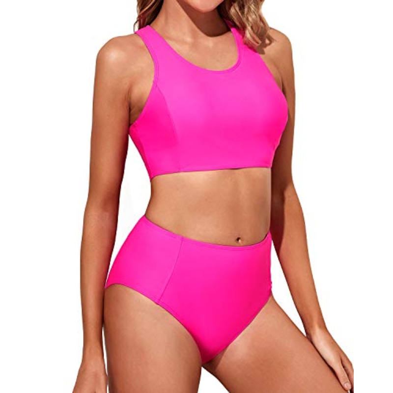 Women's Full Coverage Bathing Suit Bottom Bikini Set-Neon Pink