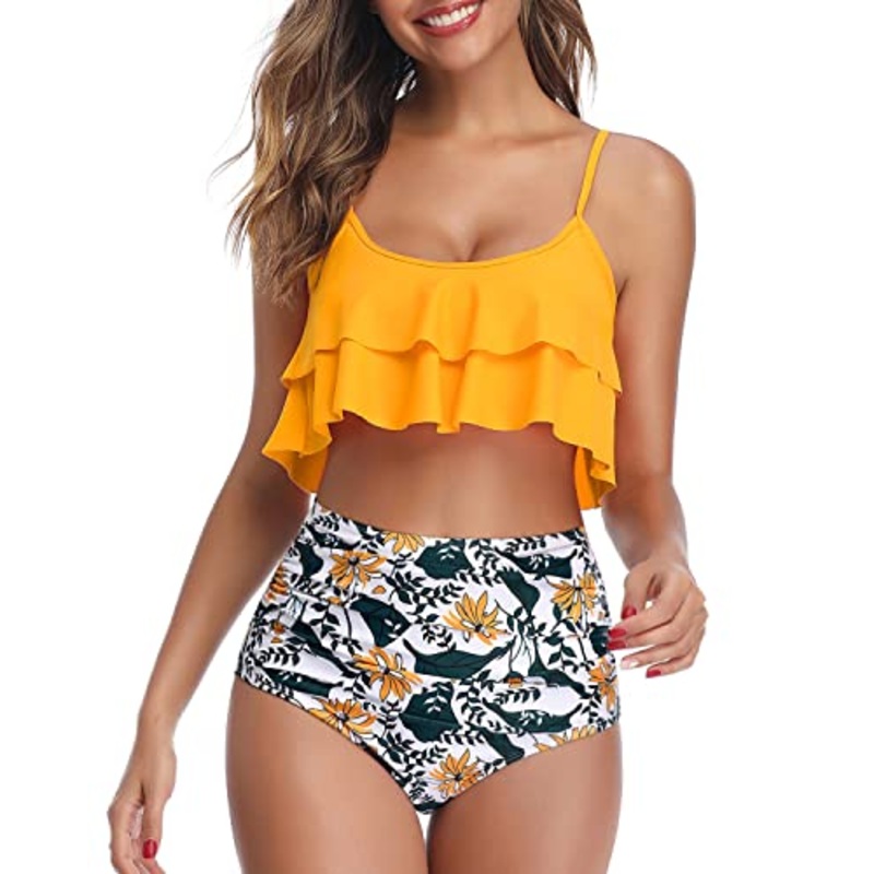 Women's High Waisted Ruffle Ruched 2 Piece Bikini Set-Yellow Floral