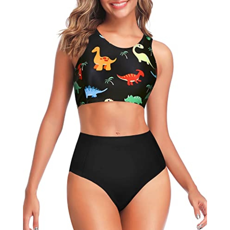 Women's High Waisted Sporty Two Piece Bikini Set-Black Dinosaur