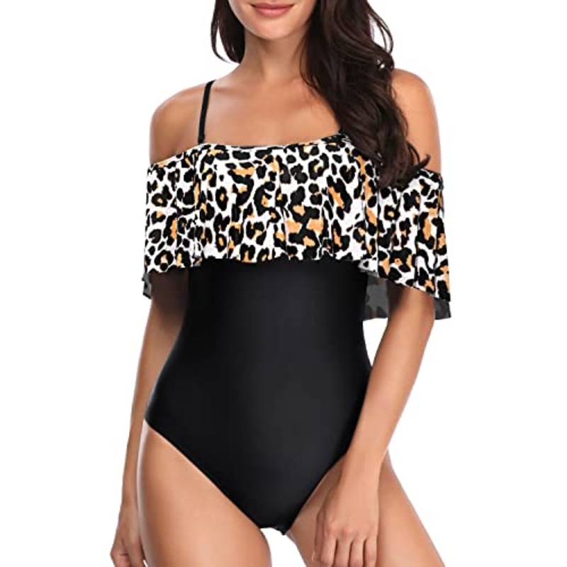 Women's Long Torso Off Shoulder One Piece Swimsuits-Black And Leopard