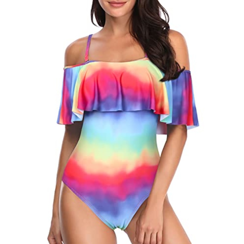 Women's Off Shoulder Slimming One Piece Swimsuits-Color Tie Dye