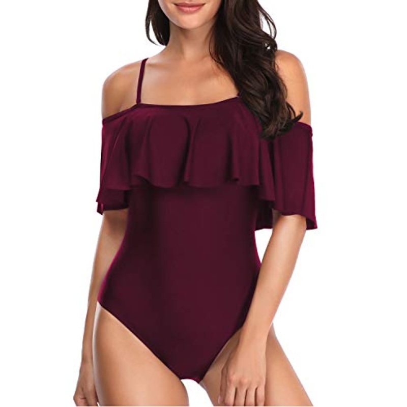Women's One Piece Off Shoulder Ruffle Swimsuit-Maroon