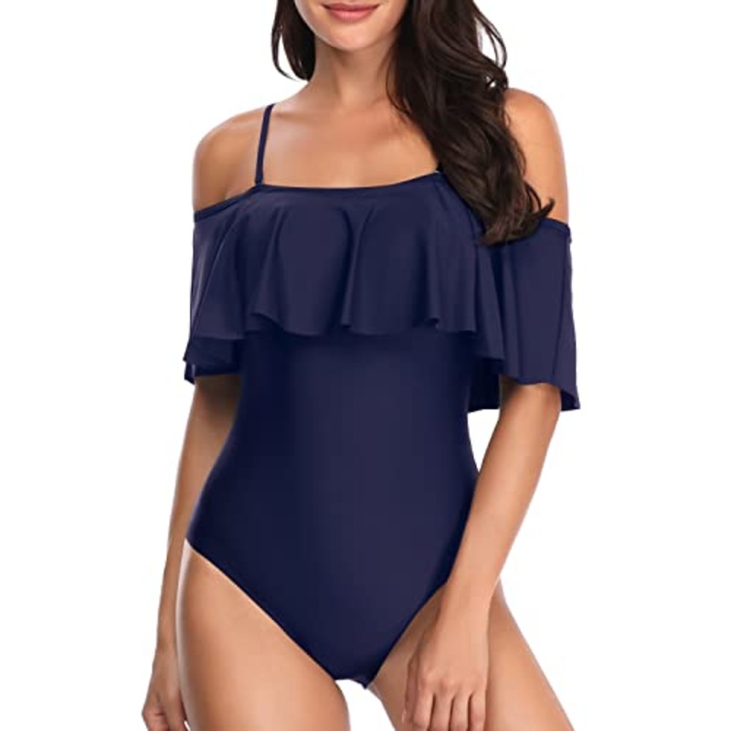 Women's One Piece Padded Ruffle Swimsuit-Navy Blue