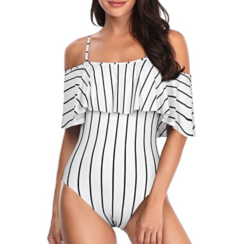 Women's Removable Straps Flounce Ruffle Swimsuit-White Stripe