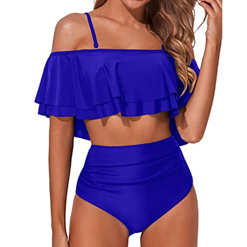 Women's Ruffle Off Shoulder Bikini Swimsuit Set-Royal Blue