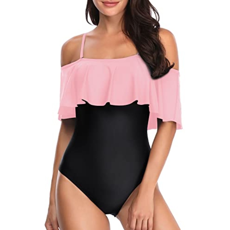 Women's Slimming Off Shoulder One Piece Bathing Suits-Pink And Black