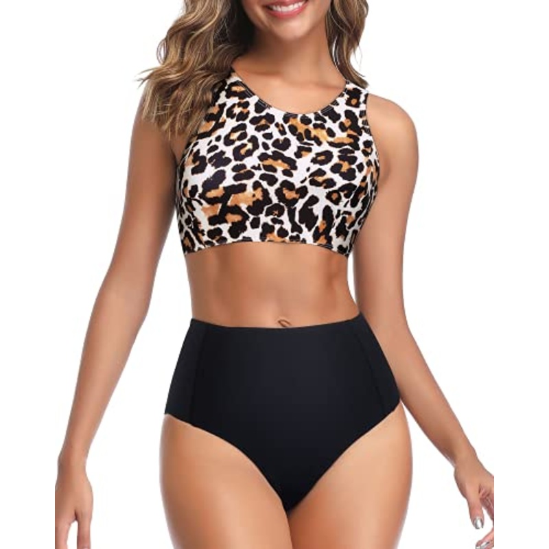 Women's Sporty Swimsuits High Waisted Bottom-Black And Leopard