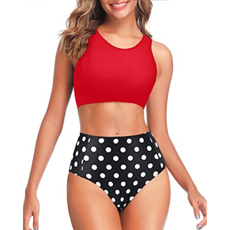 Women's Sporty Two Piece High Waisted Bikini Swimsuits-Red Dot