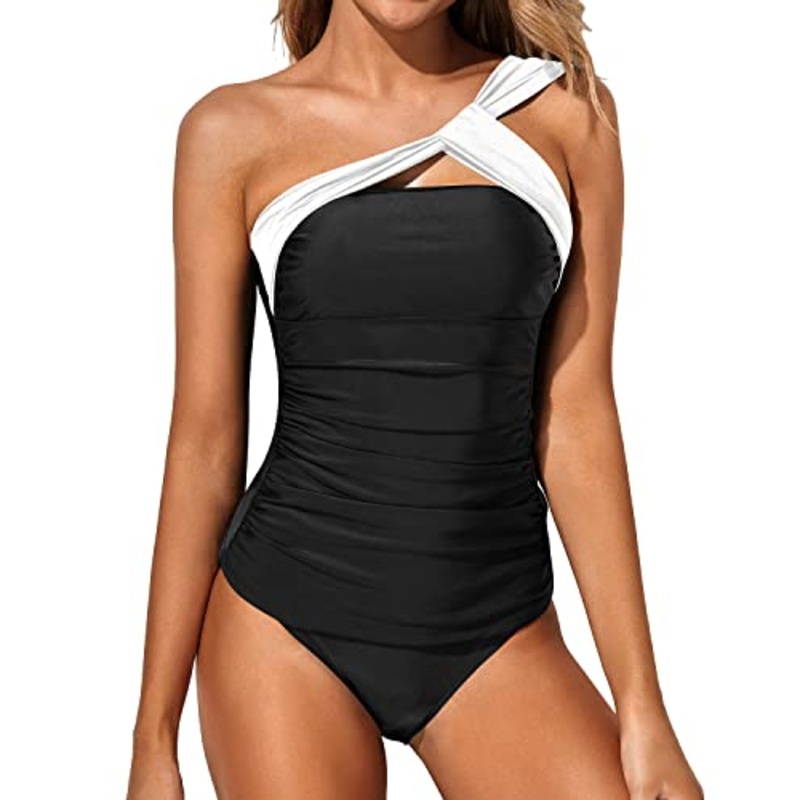 Women's Tankini Asymmetrical Top & Control Fit Shorts-Black