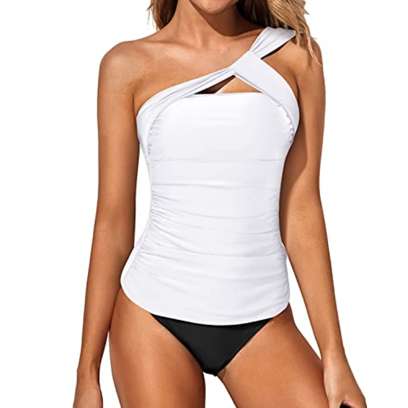 Women's Tankini One Shoulder Top & Slim Fit Shorts-White