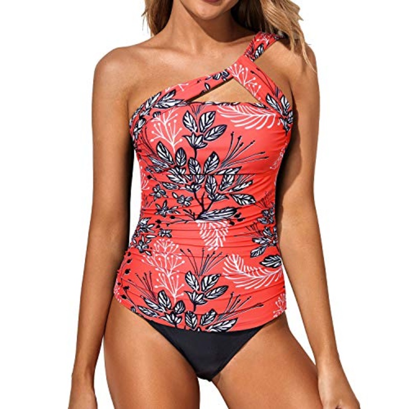Women's Tankini Set One Shoulder Top & Ruched Shorts-Red Floral