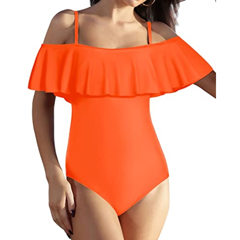 Women's Tummy Control Ruffled One Piece Swimsuit-Neon Orange