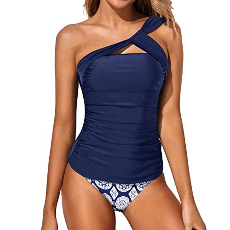Women's Two Piece Tankini One Shoulder Swim Top Shorts Swimsuits-Navy Blue Tribal