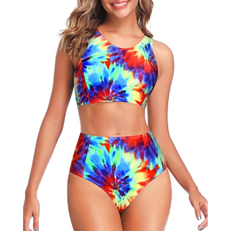 Women Sporty Two Piece High Waisted Bikini Set Swimsuits-Color Tie Dye