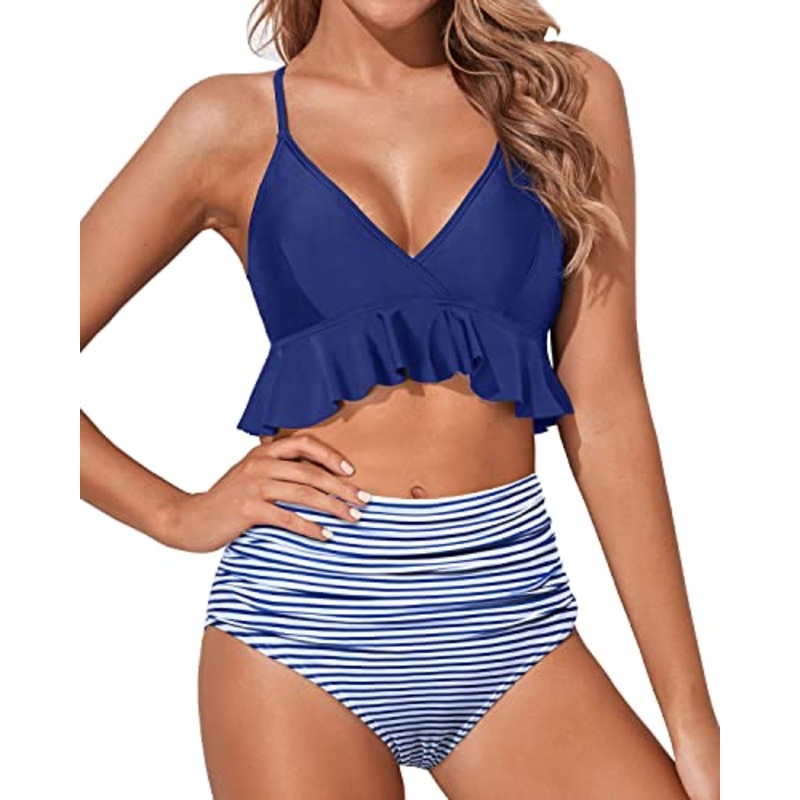 Adjustable Criss Cross Ruffle High Waisted Bikini Ruched-Blue White Striped
