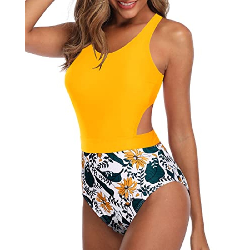 Adjustable Straps One Piece Tummy Control Cutout Swimsuits For Teen Girls-Yellow Floral