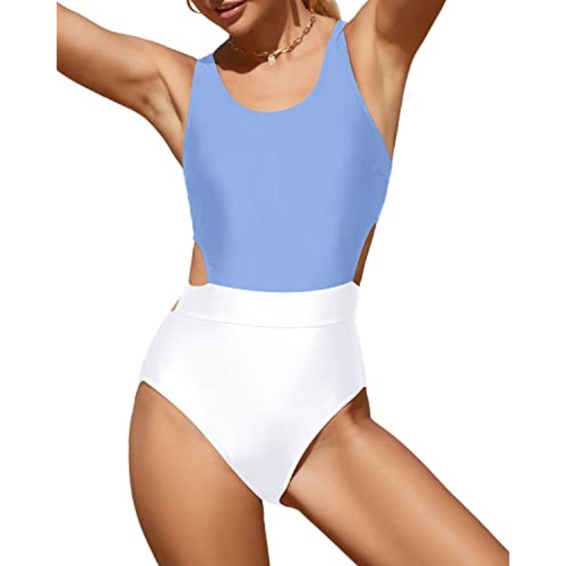 Adjustable Straps Tie Women One Piece Swimsuits-Blue And White