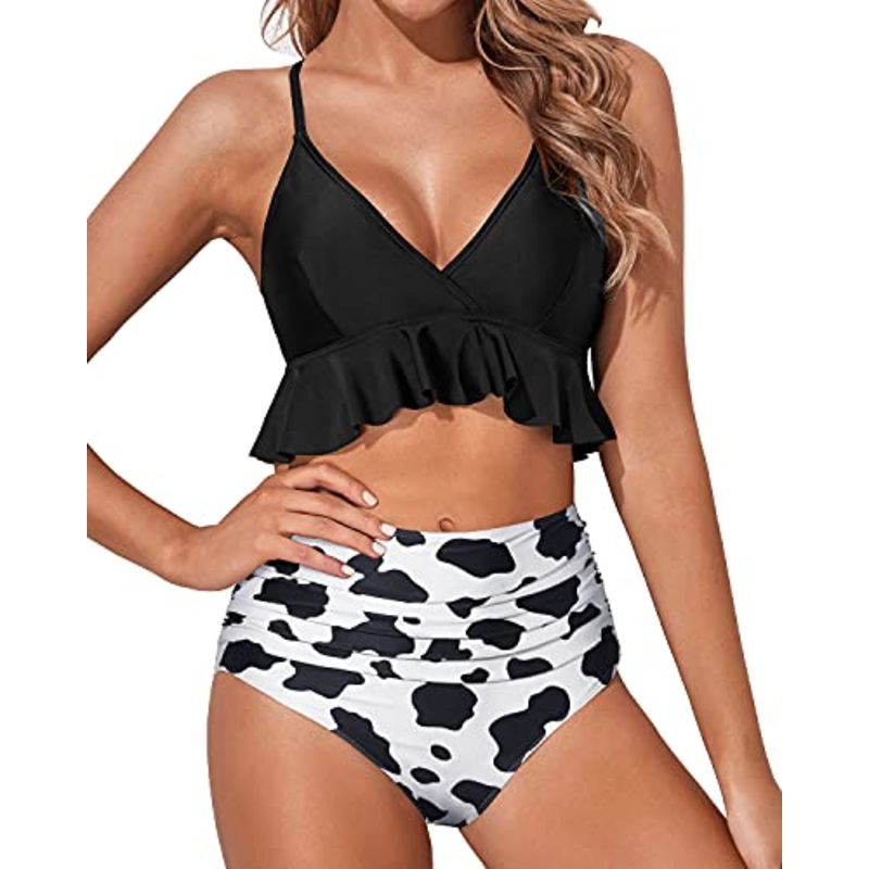 Adorable Curves Accentuating Bikini Set Deep V Neckline-Black And White Cow Pattern