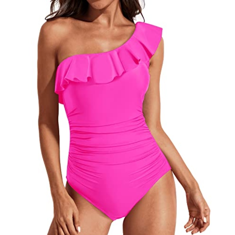 Asymmetrical Neckline Ruffle One Shoulder Swimwear-Neon Pink