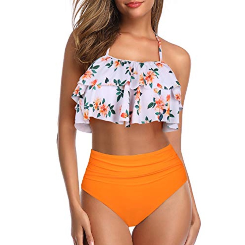 Chic Halter Bathing Suits Tummy Control Bottoms For Women-Orange Floral