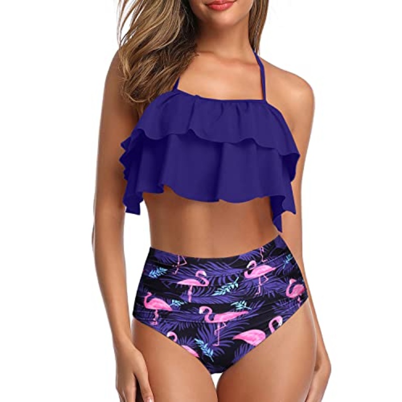 Chic Ruffle High Waisted Teen Girls' 2 Piece Bathing Suit-Blue Flamingo