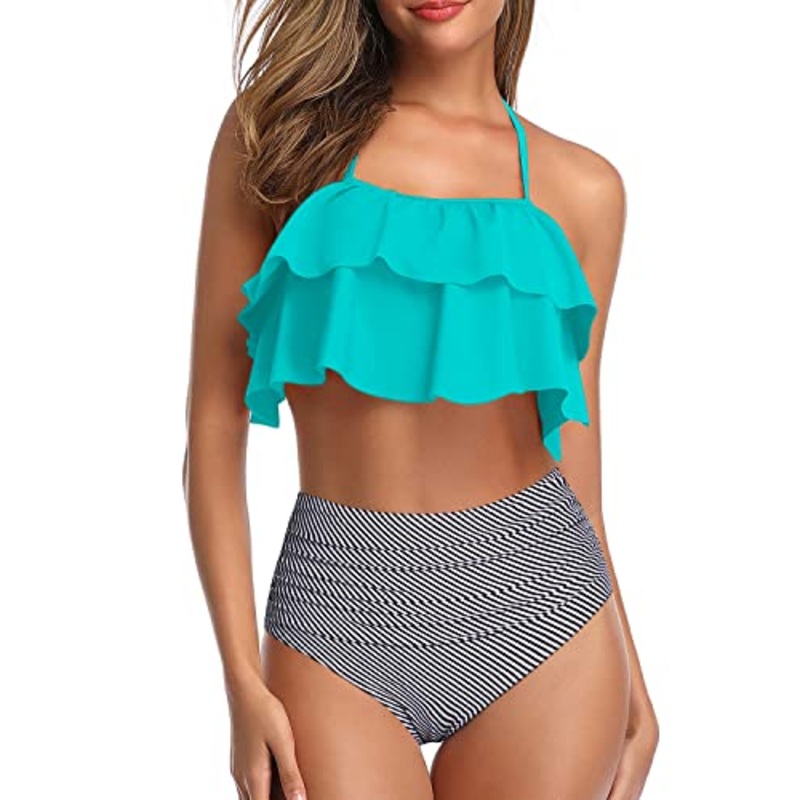 Classic Two-Piece Bikini Backless Design-Aqua Stripe