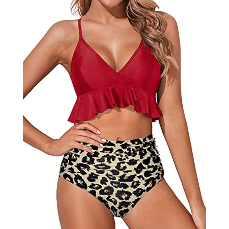 Comfortable And Stylish Two Piece Bikini Deep V Neck-Red And Leopard
