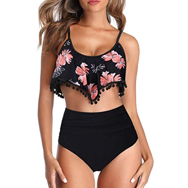 Comfortable Full Tummy Control High Waisted Bikini-Black Orange Floral