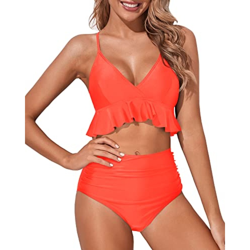 Comfortable High Waisted Tummy Control Swimsuits-Neon Orange