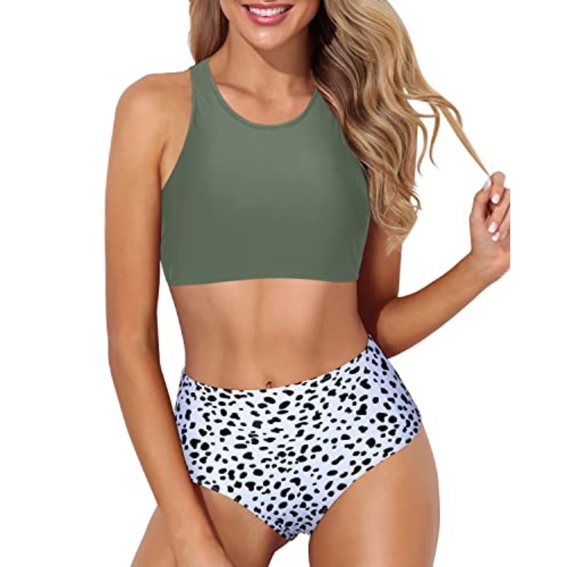 Convenient Tank Style Sporty High Waisted Bikini Set-Green Spotted Dog