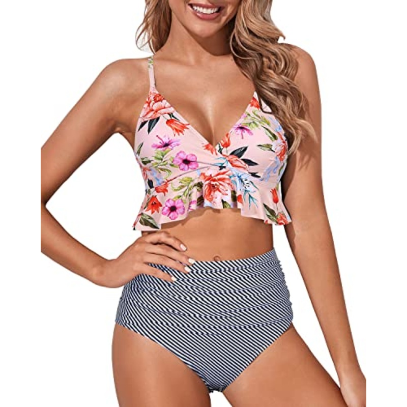 Criss Cross Two Piece Tummy Control Bikini For Women-Light Pink Stripe
