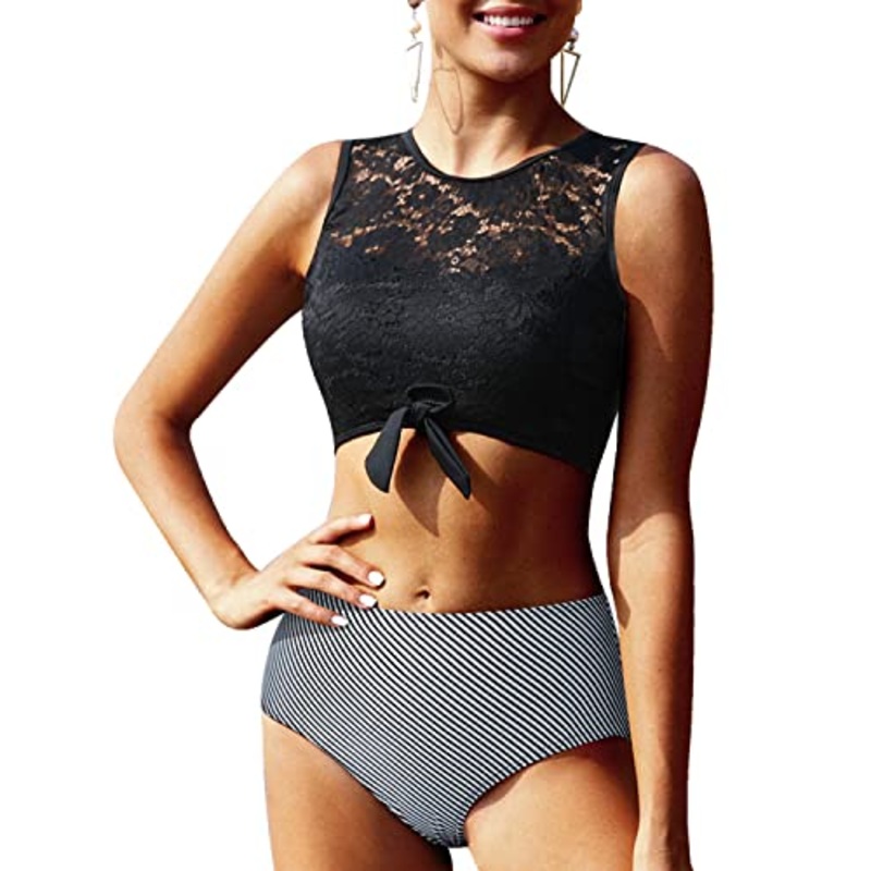 Cute Lace Tie Knot Front High Waisted Women's 2 Piece Swimsuit-Black Stripe