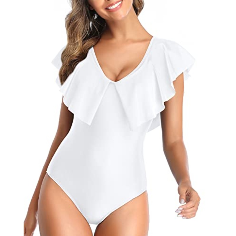 Cute Tummy Control Flounce Sleeve V Neck One Piece Swimsuit-White