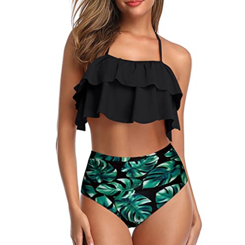 Elegant High Waisted Halter Bikini Set Tiered Ruffles-Black Leaf