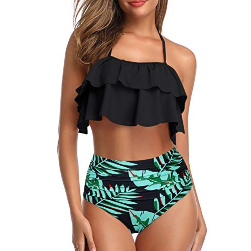 Elegant High Waisted Halter Bikini Set Tiered Ruffles For Women-Black And Green Leaf
