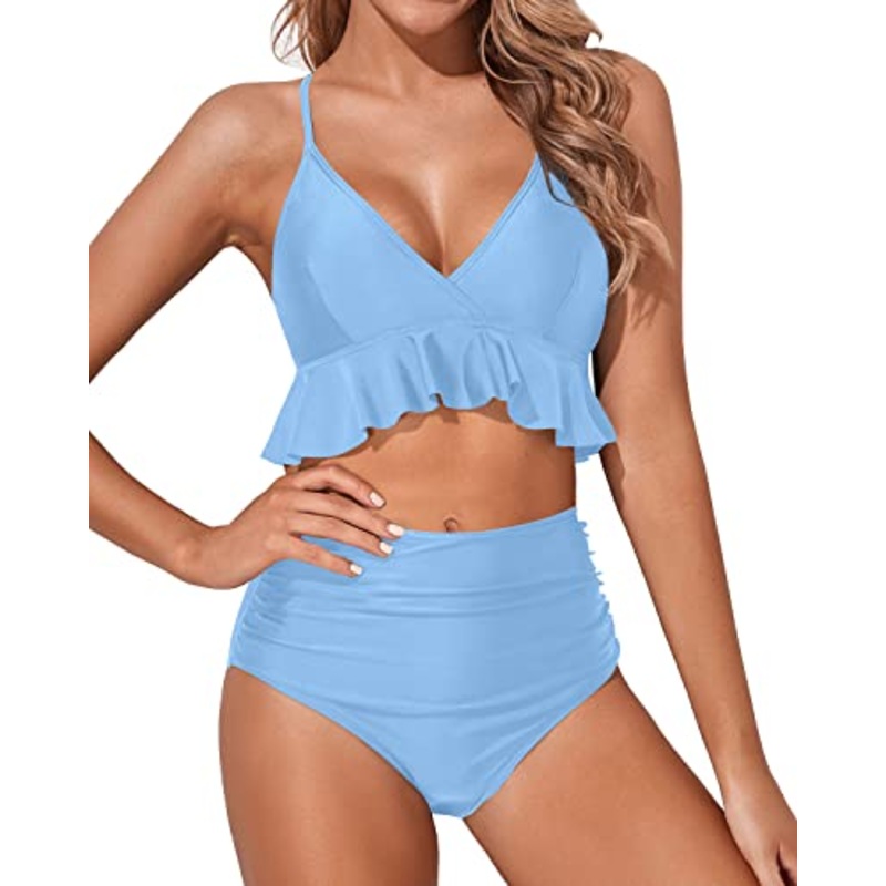 Feminine Deep V Neck Ruffle High Waisted Bikini Ruched-Light Blue