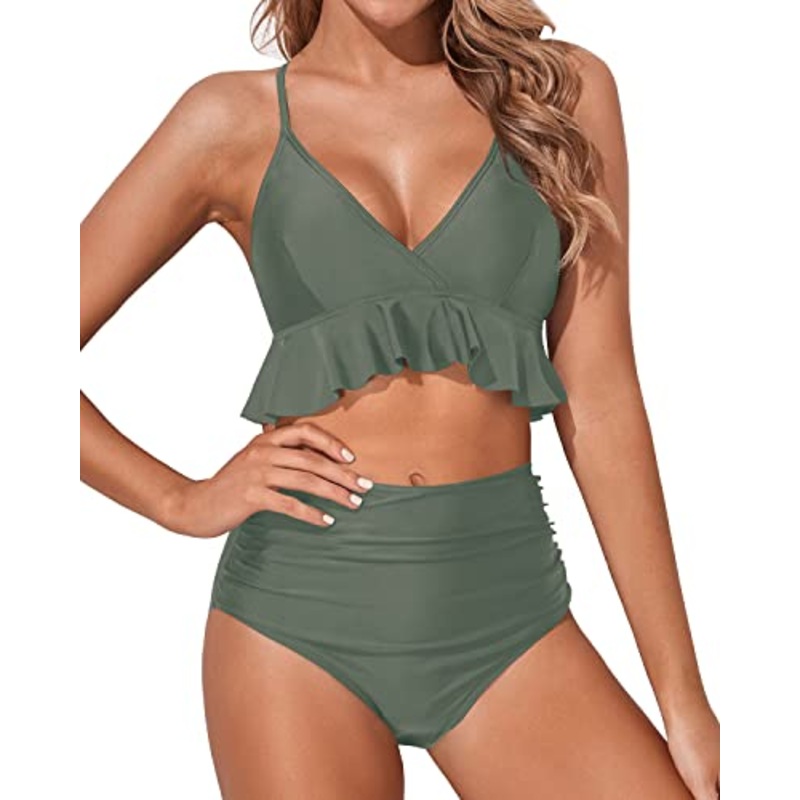 Feminine Ruffle Flounce Bikini Set Deep V Neck-Army Green
